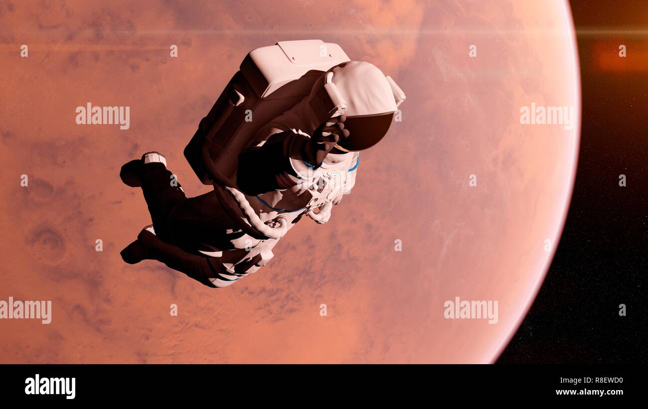 Illustration of an astronaut in front of Mars Stock Photo - Alamy