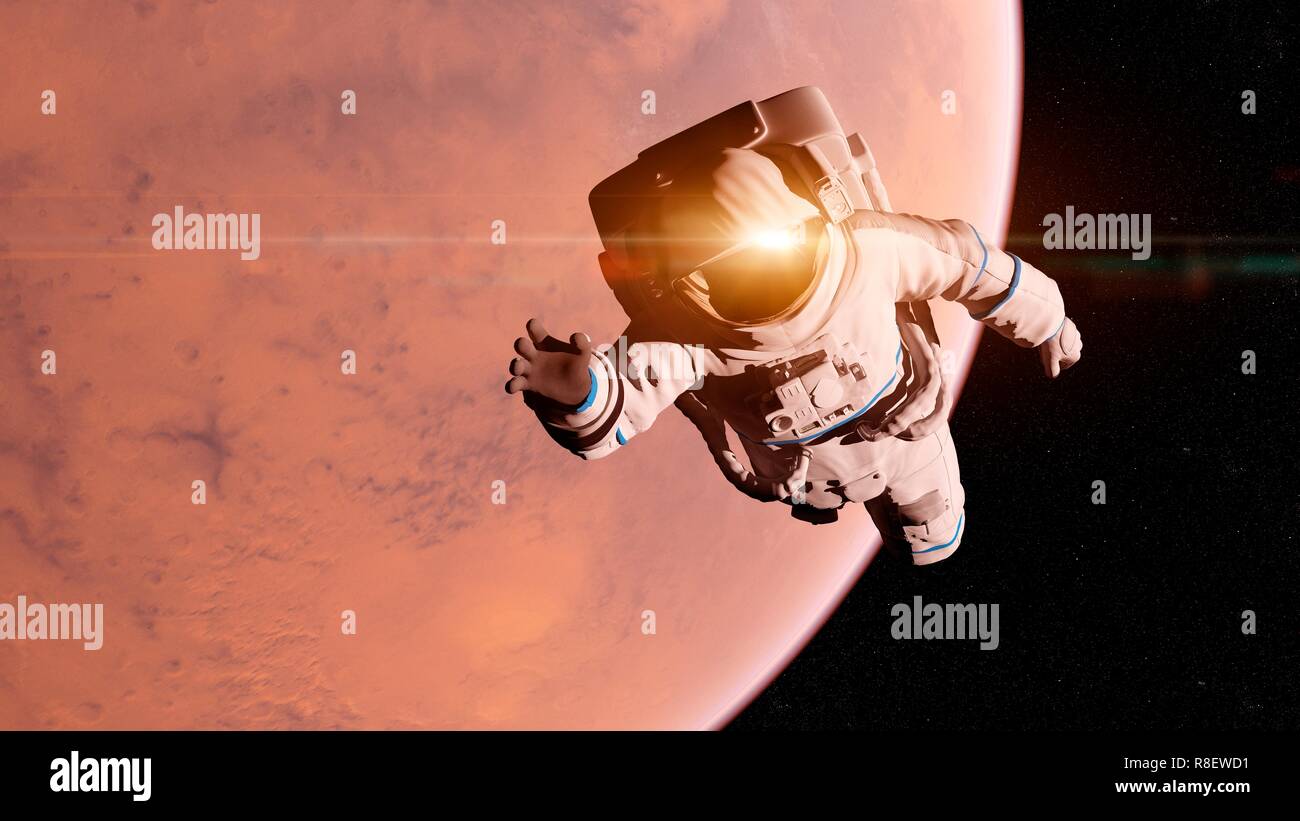 Illustration of an astronaut in front of Mars Stock Photo - Alamy
