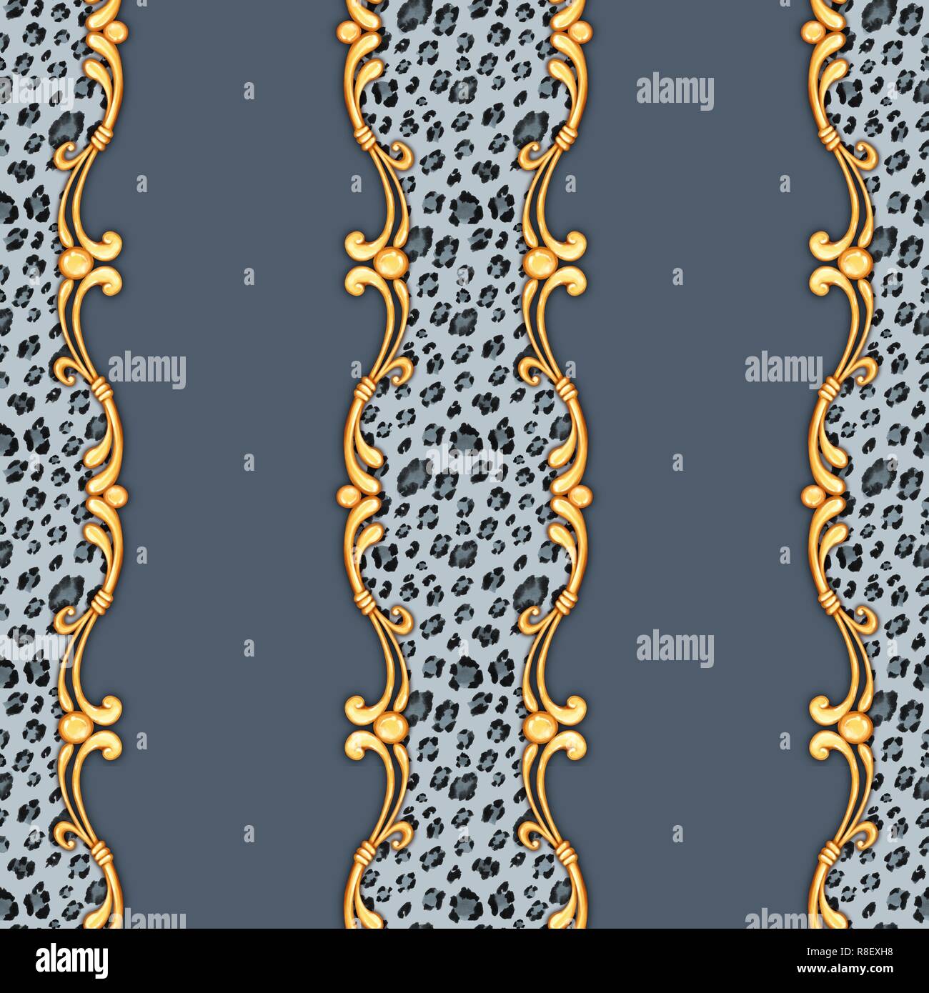 Seamless leopard pattern and golden baroque elements. Stock Photo