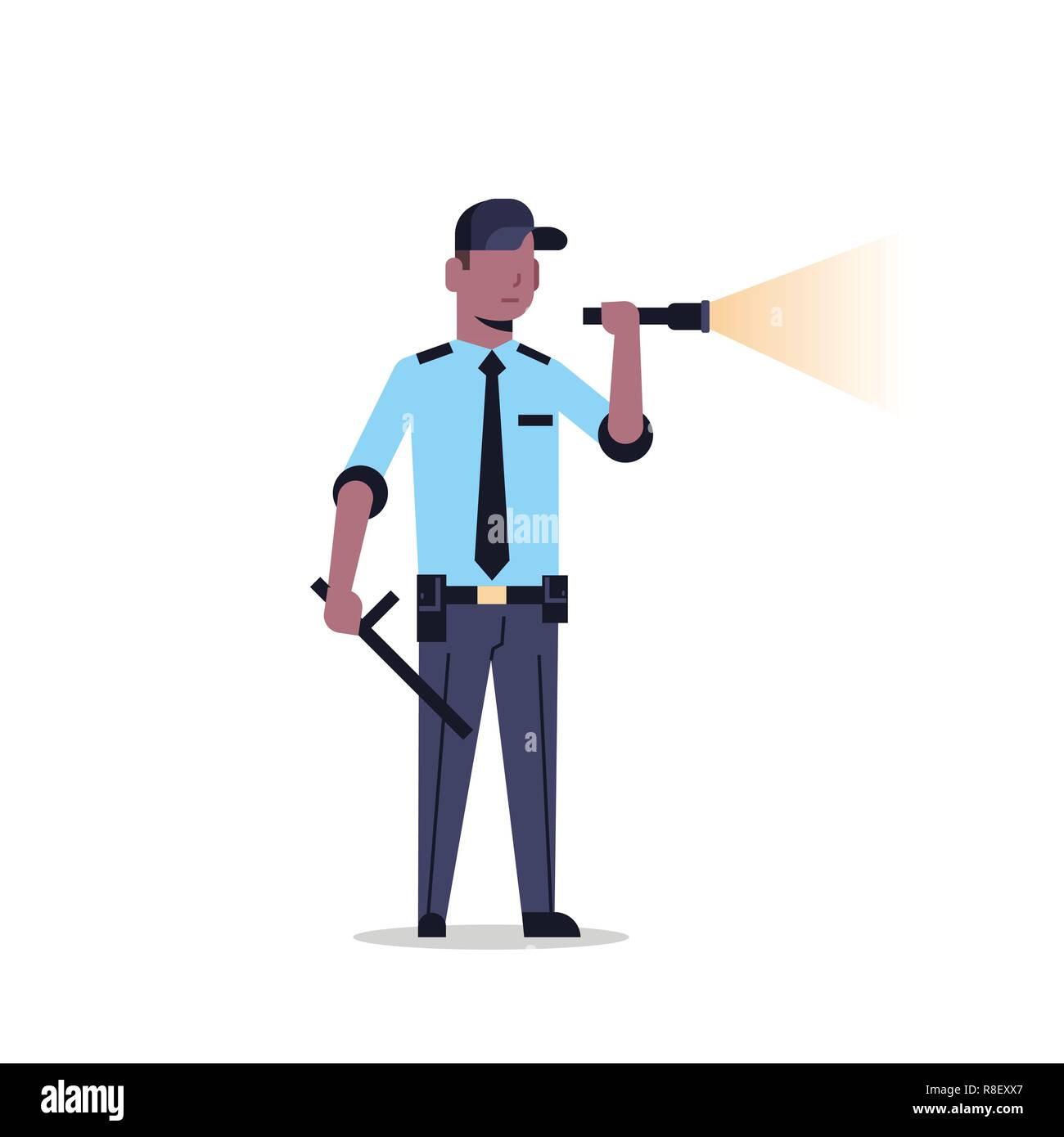 african american security guard man in uniform holding flashlight baton police officer shining flash light male cartoon character full length flat isolated Stock Vector