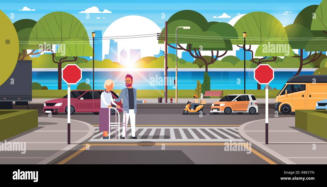 man help senior woman with walking stisk crossing street urban city traffic  cars on road crosswalk river green trees wooden benches cityscape  background horizontal flat Stock Vector Image & Art - Alamy