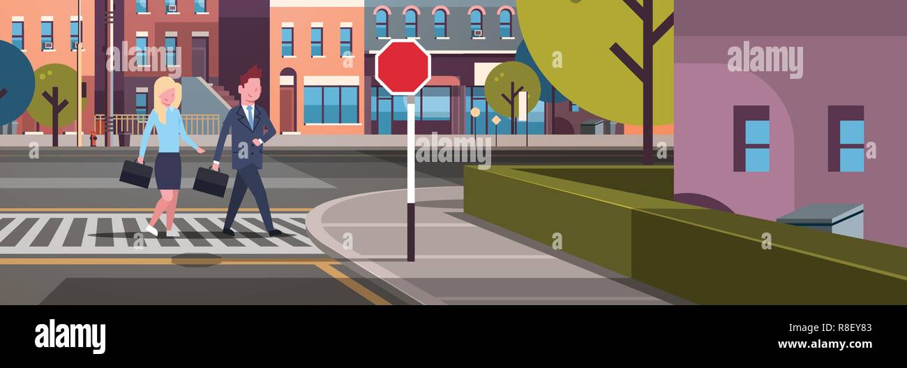 Couple Business Man Woman Going Crosswalk City Street Buildings