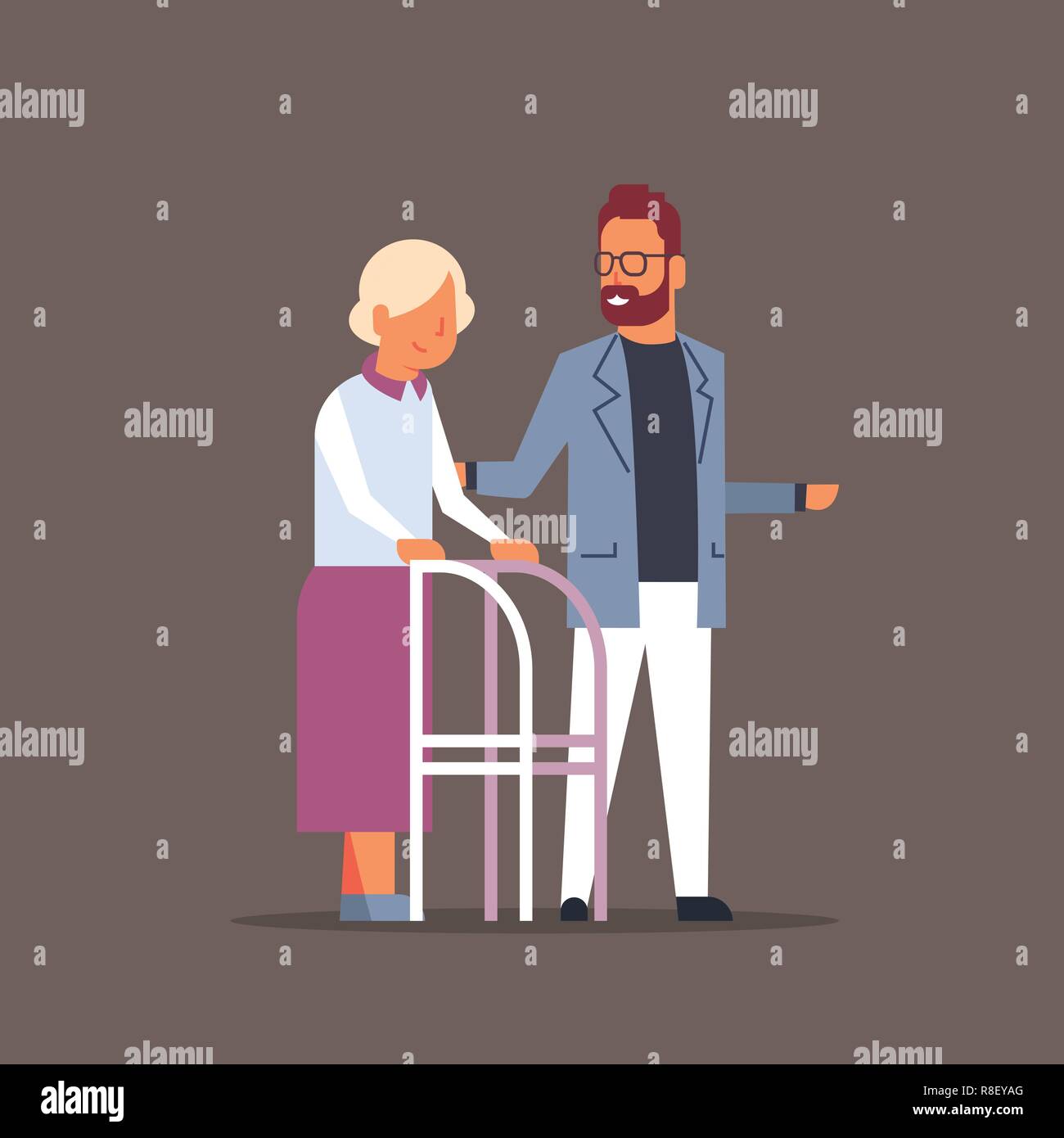 man helping senior woman with walking frame volunteer support caregiver concept flat Stock Vector