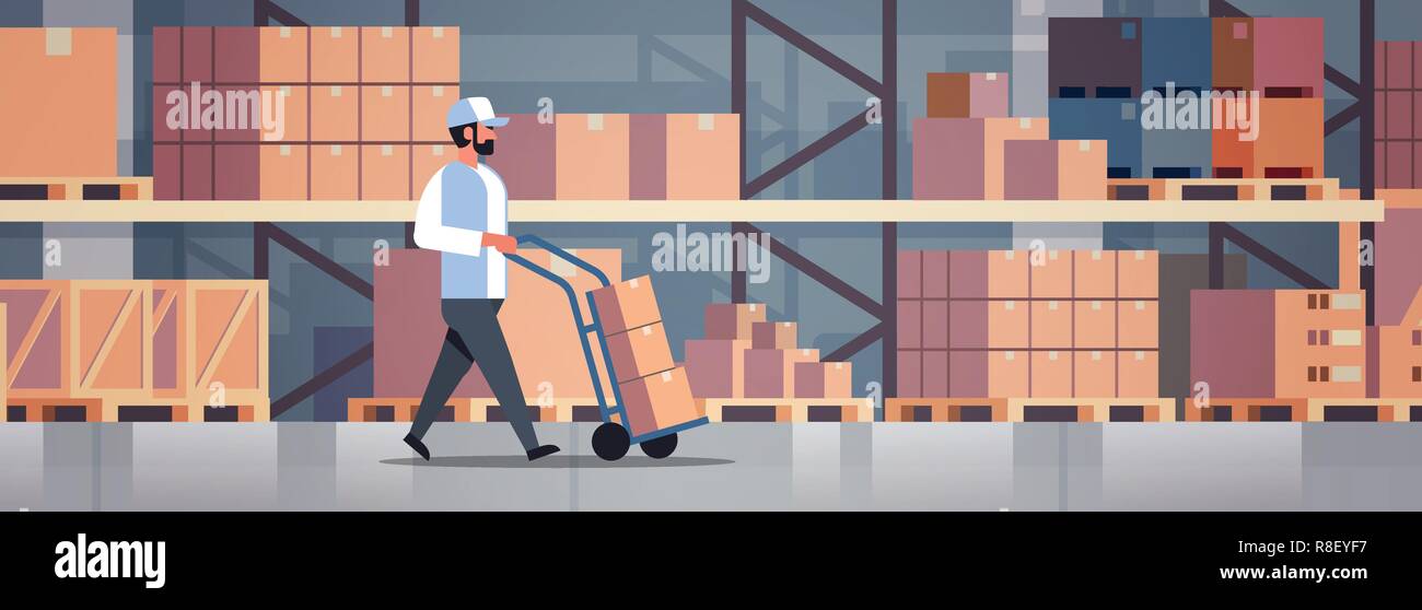 delivery man rolling cardboard box cargo trolley pushcart courier carrying parcels on hand truck warehouse room interior flat horizontal banner Stock Vector