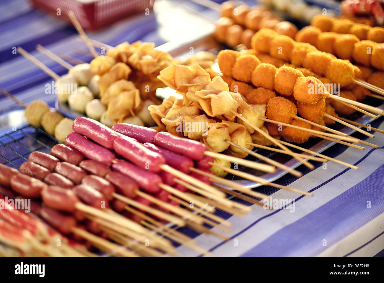 Asian, Indian and Chinese street food. Food court on local market of