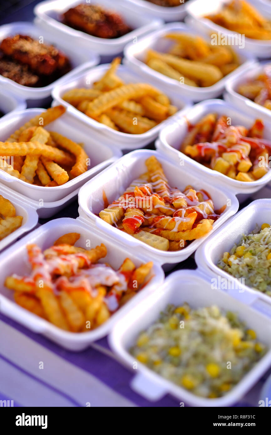 Asian, Indian and Chinese street food. Food court on local market of