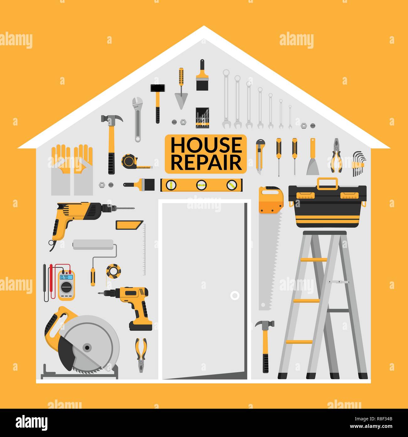 set of DIY home repair working tools vector logo design template under roof in home shape. home repair banner, construction , repair icons. hand tools Stock Vector