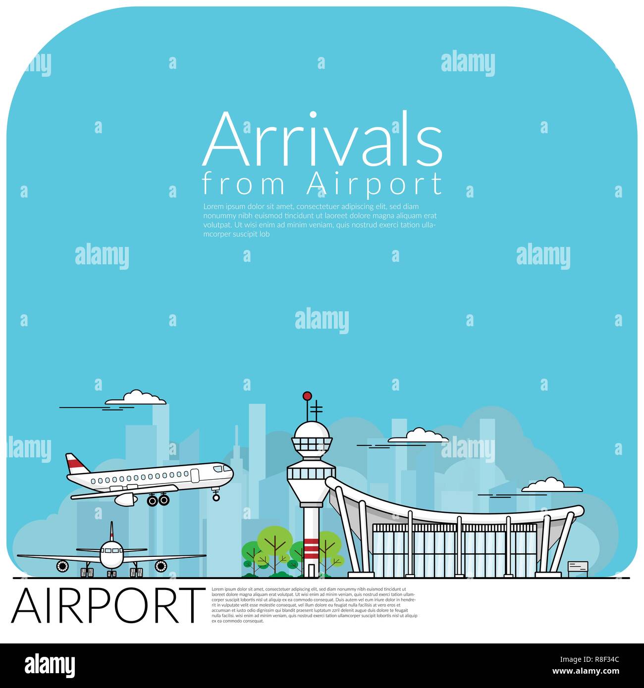 simply vector illustration of airplane landing for arrival from airport terminal and airplane parking at airfield. travel concept, flat design EPS10 v Stock Vector