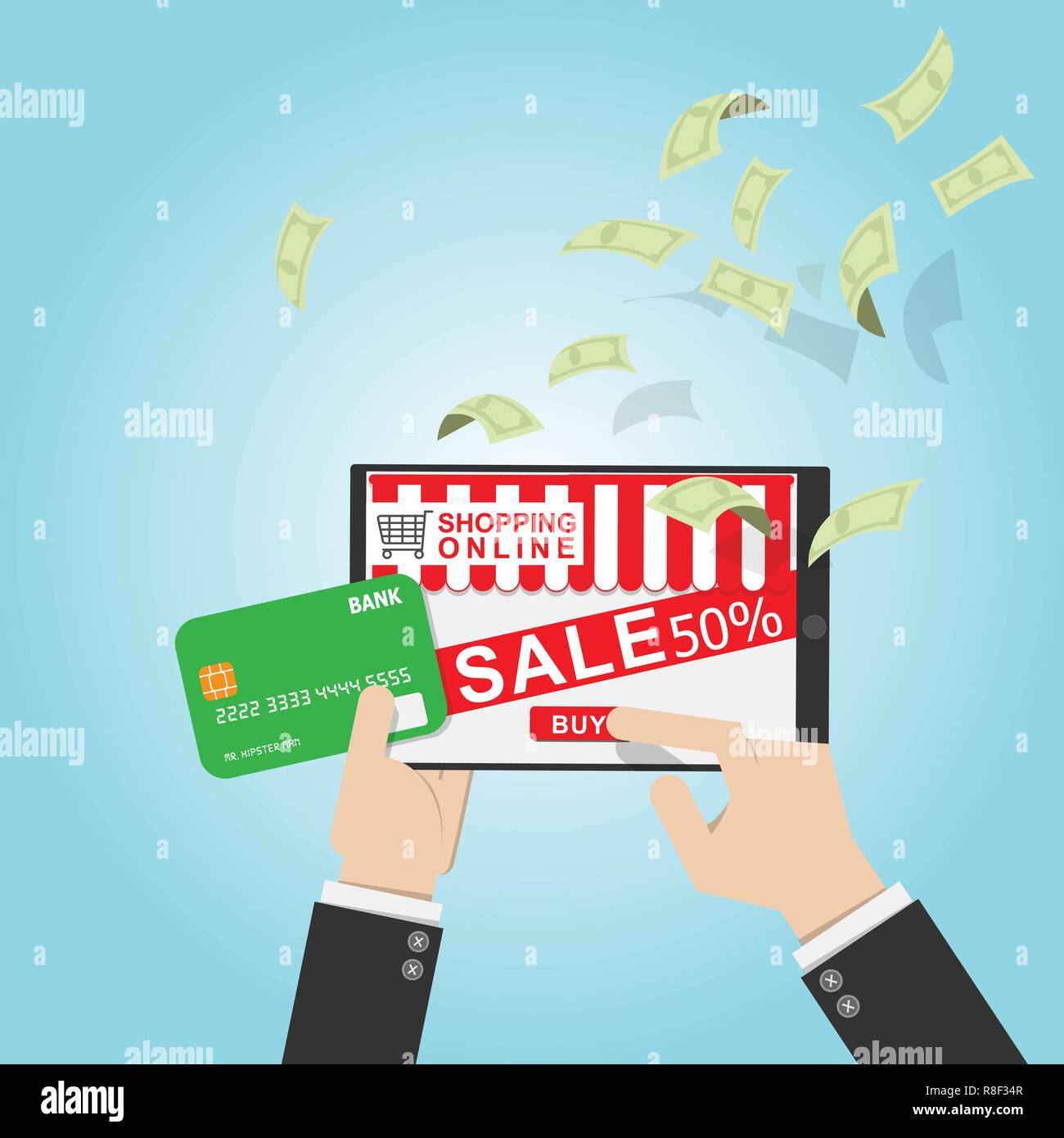 vector illustration. businessman use credit card on online shop on tablet with screen sale promotion discount 50 percent off and click buy button with Stock Vector
