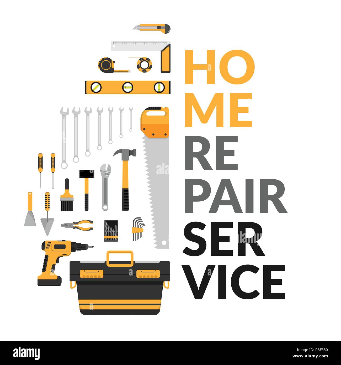 home repair service template with set of DIY home repair working tools. home repair service consulting, renovation & construction company on white bac Stock Vector