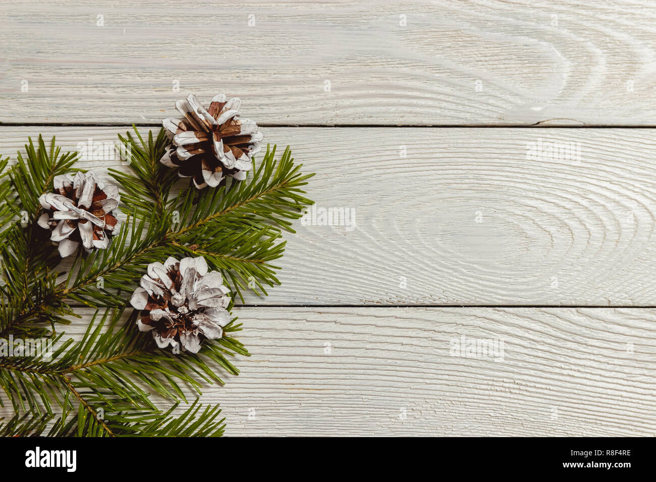 White wooden christmas background with fir branches and pine cones, top ...