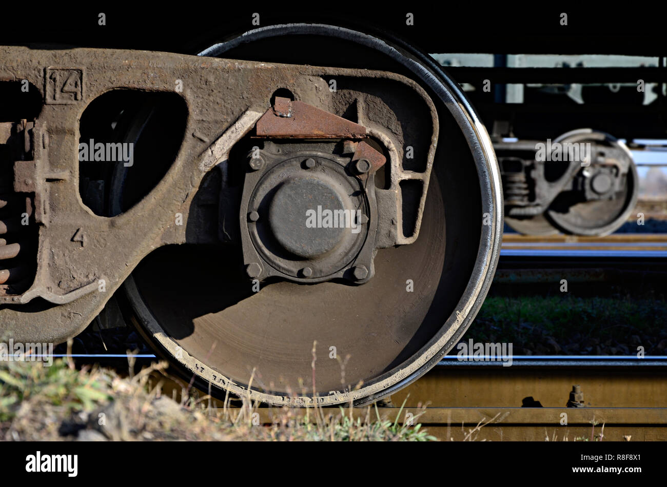Detailed photo of railway freight car. A fragment of the component