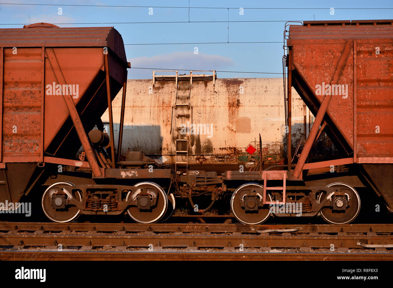 Detailed photo of railway freight car. A fragment of the component