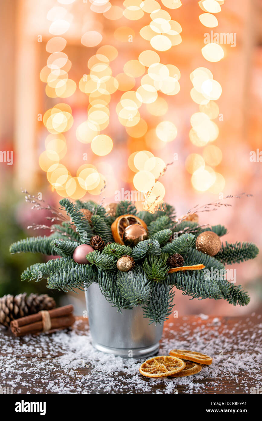 Christmas Arrangement With Norwegian Pine Nobilis And Decorated