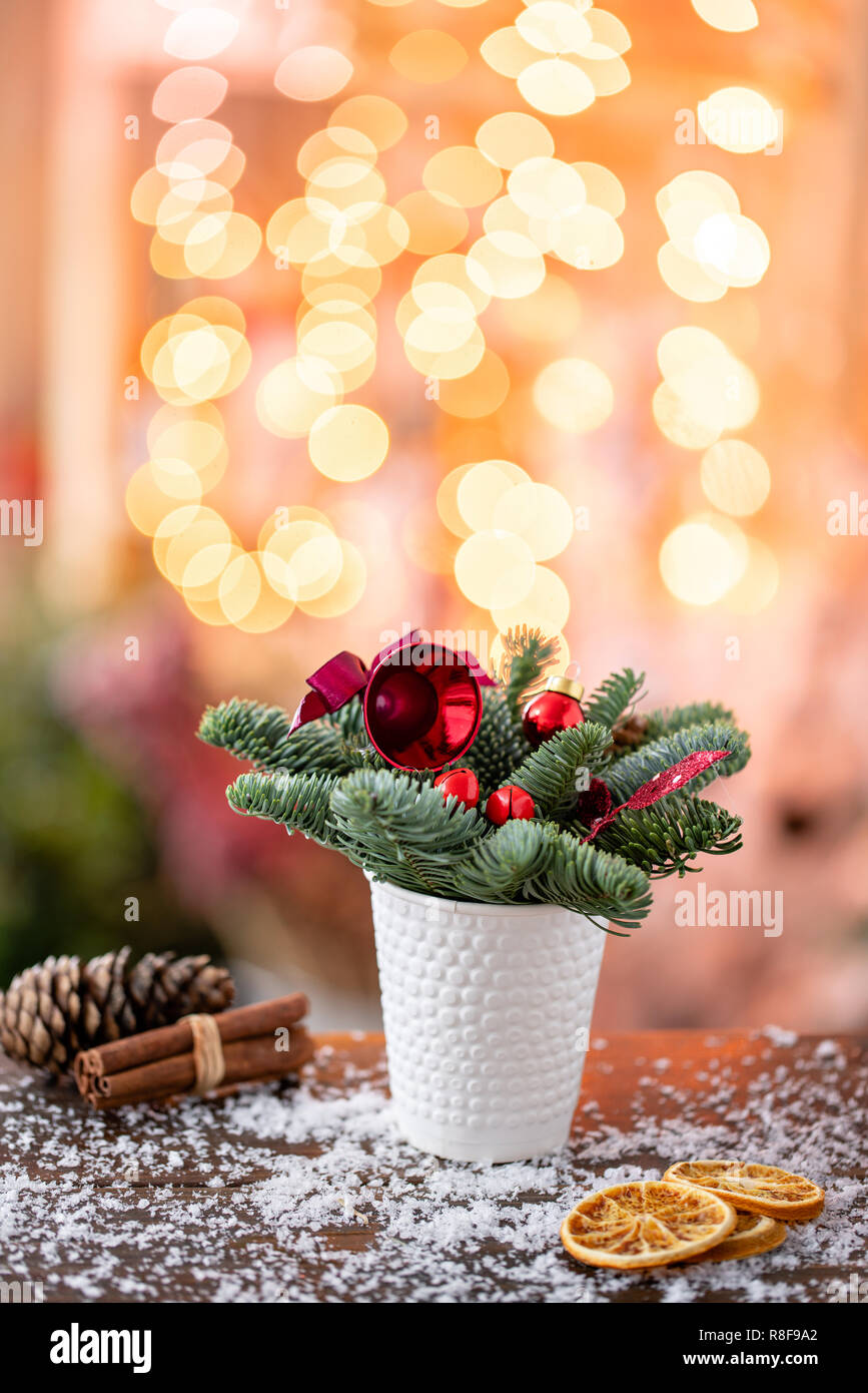 Christmas Arrangement With Norwegian Pine Nobilis And Decorated