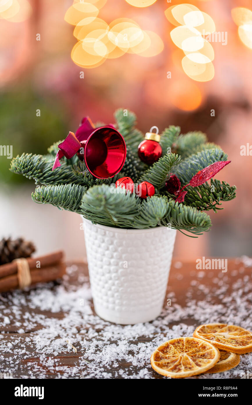 Christmas Arrangement With Norwegian Pine Nobilis And Decorated