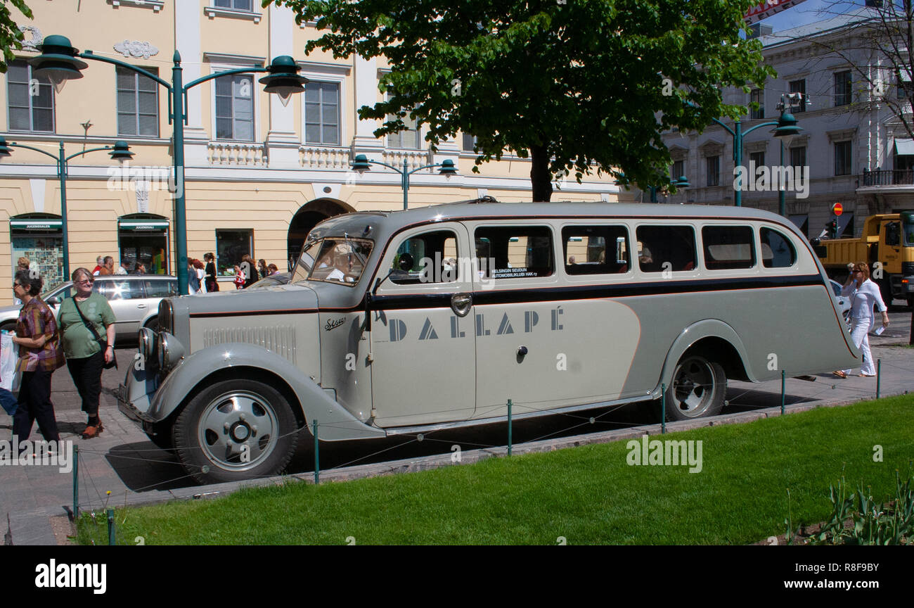 Historical vehicle, Sisu 322 bus from the year 1933 restored to its appearance while serving the Helsinki Jazz band 'Dallape'. Stock Photo