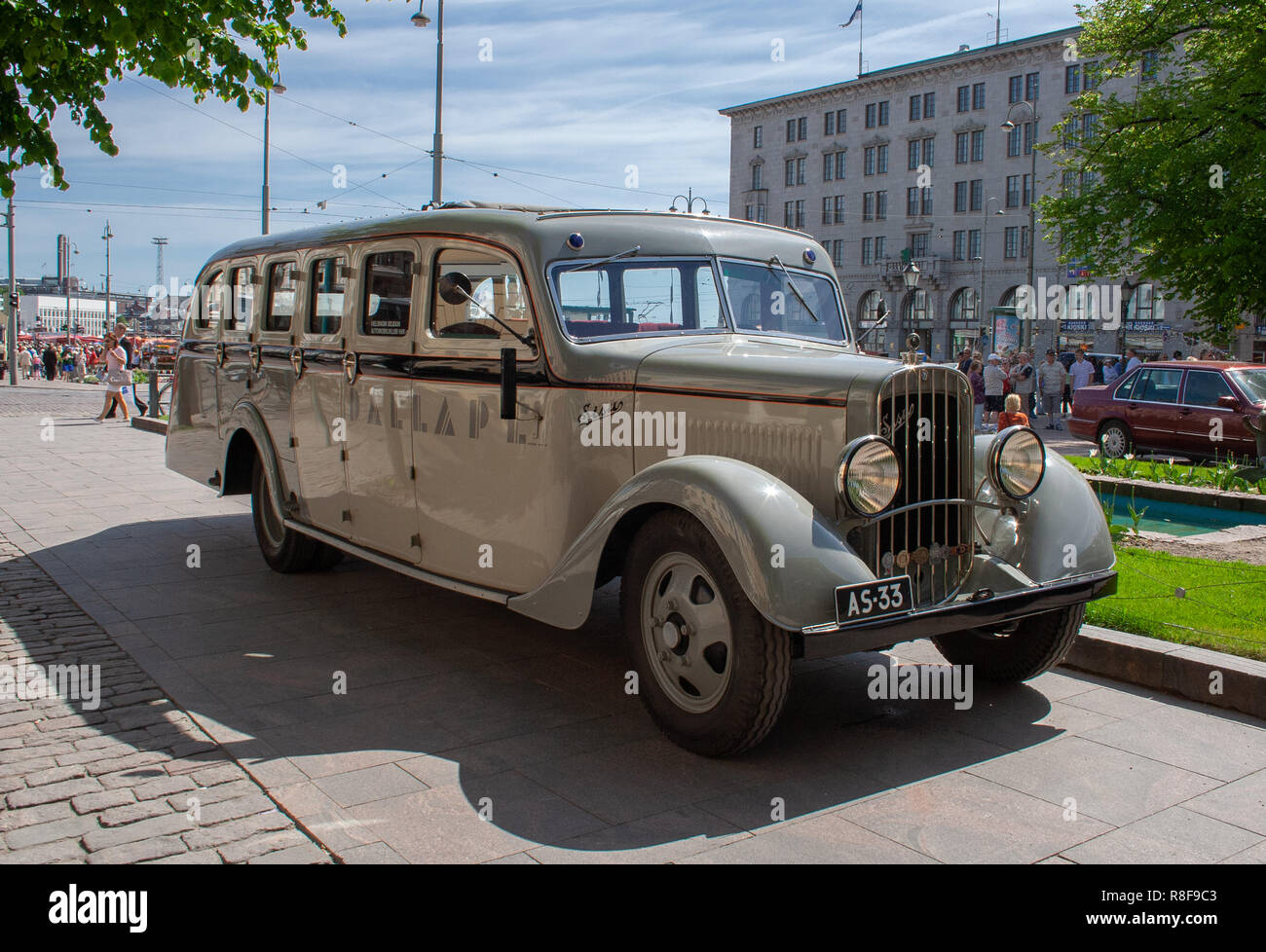 Historic vehicle, Sisu 322 bus from the year 1933 restored to its appearance while serving the Helsinki Jazz band 'Dallapé'. Stock Photo