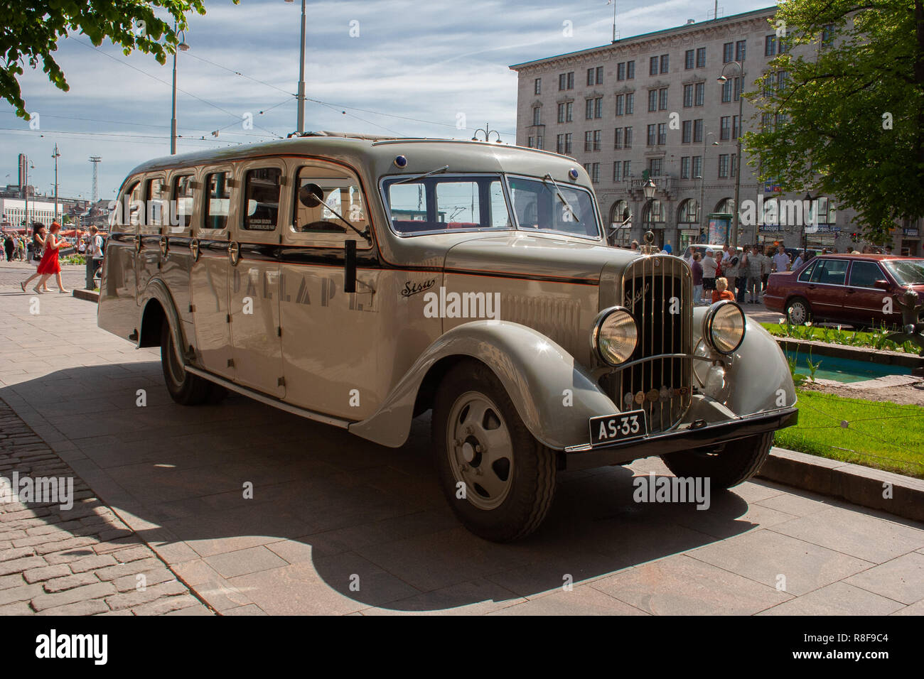 Historic vehicle, Sisu 322 bus from the year 1933 restored to its appearance while serving the Helsinki Jazz band 'Dallapé'. Stock Photo
