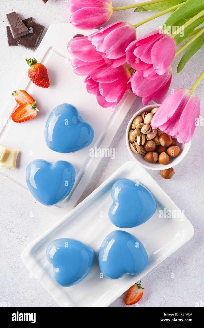 Heart shaped mousse cakes for a romantic Valentine's day. Stock Photo