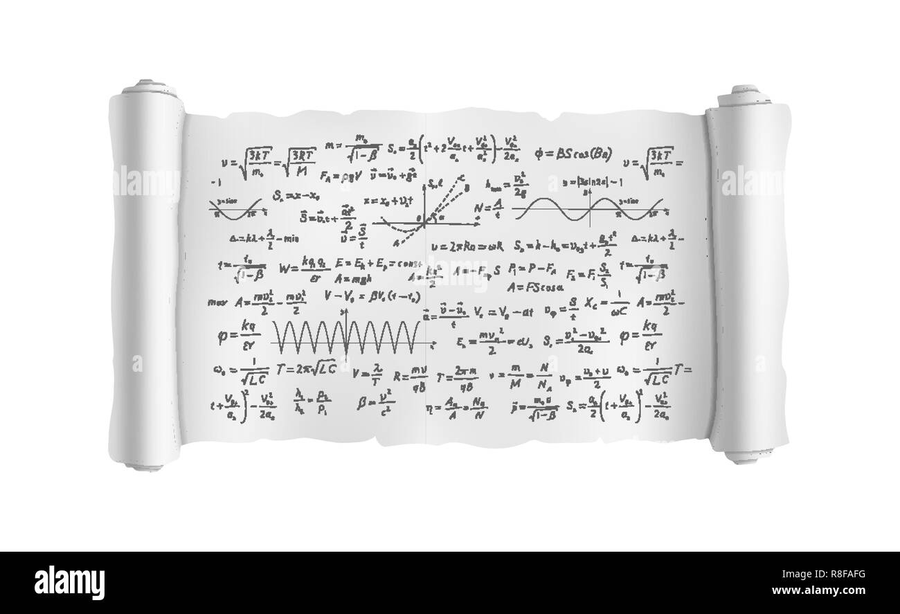 White scroll with lot of hand-drawn complicated scientific formulas and calculations, blueprint plan isolated on white Stock Vector