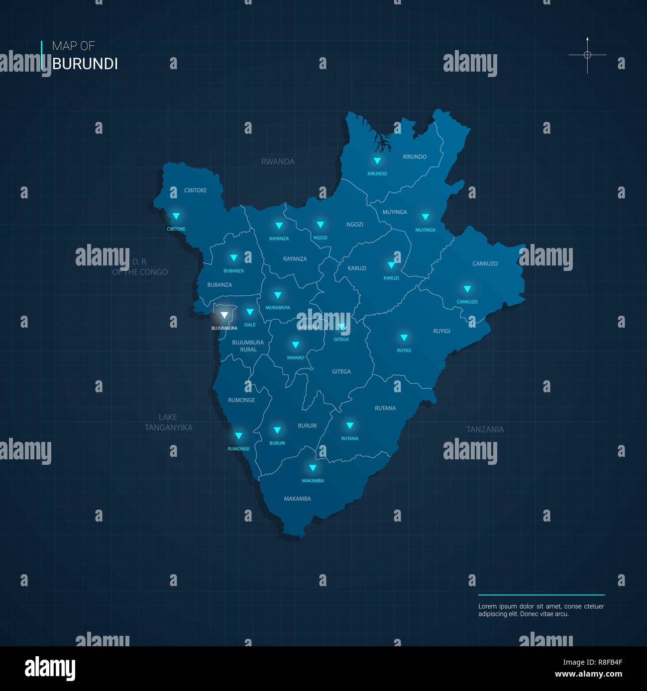 Vector Burundi map illustration with blue neon lightpoints - triangle ...