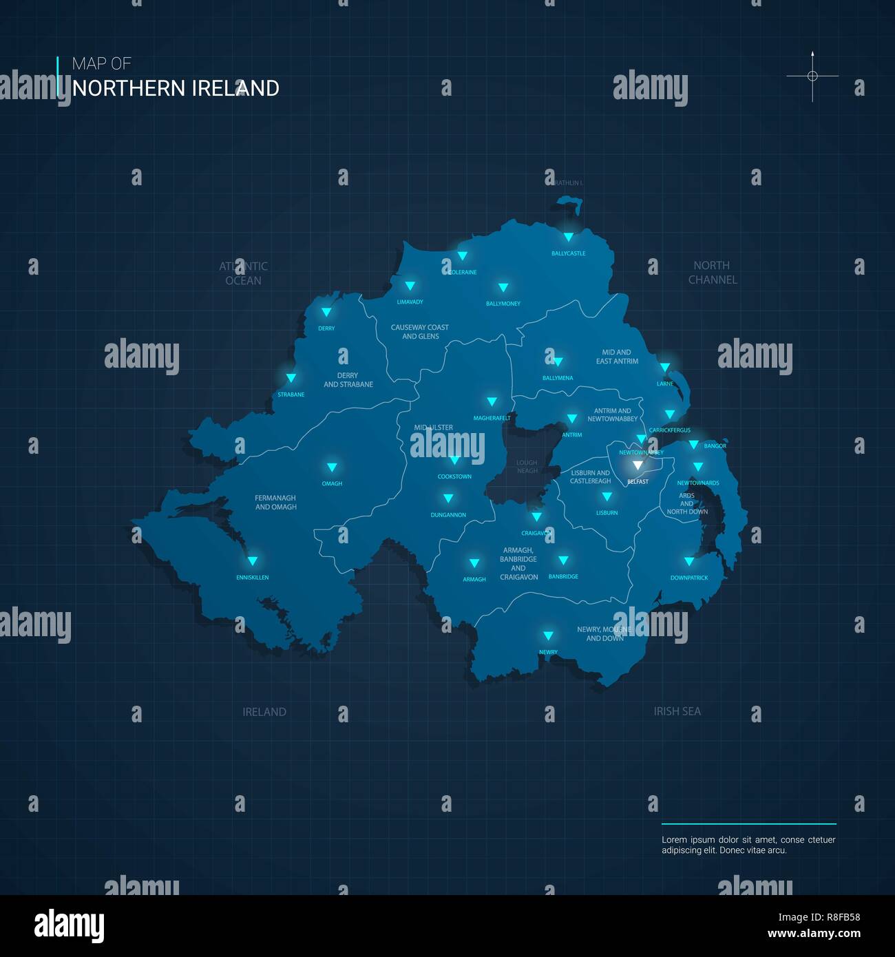 Vector Northern Ireland map illustration with blue neon lightpoints