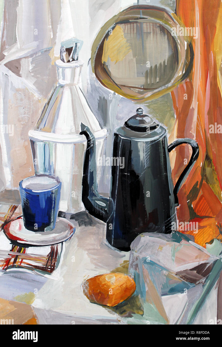 still life gouache color painting the kettle fruits Stock Photo Alamy
