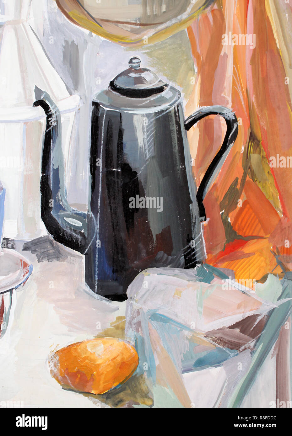 still life gouache color painting the kettle fruits Stock Photo Alamy