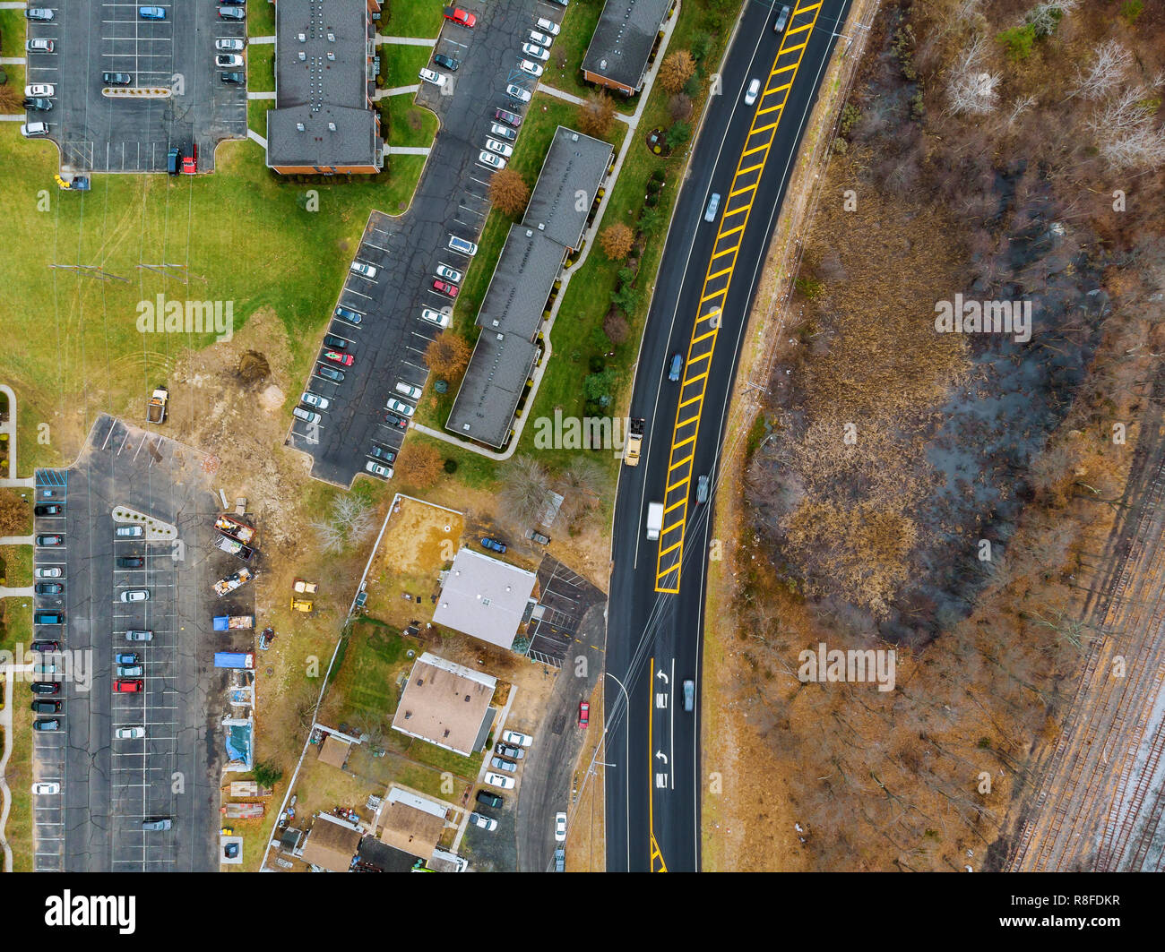 Cars from the height. Aerial view of the road and trees and houses Stock Photo Alamy