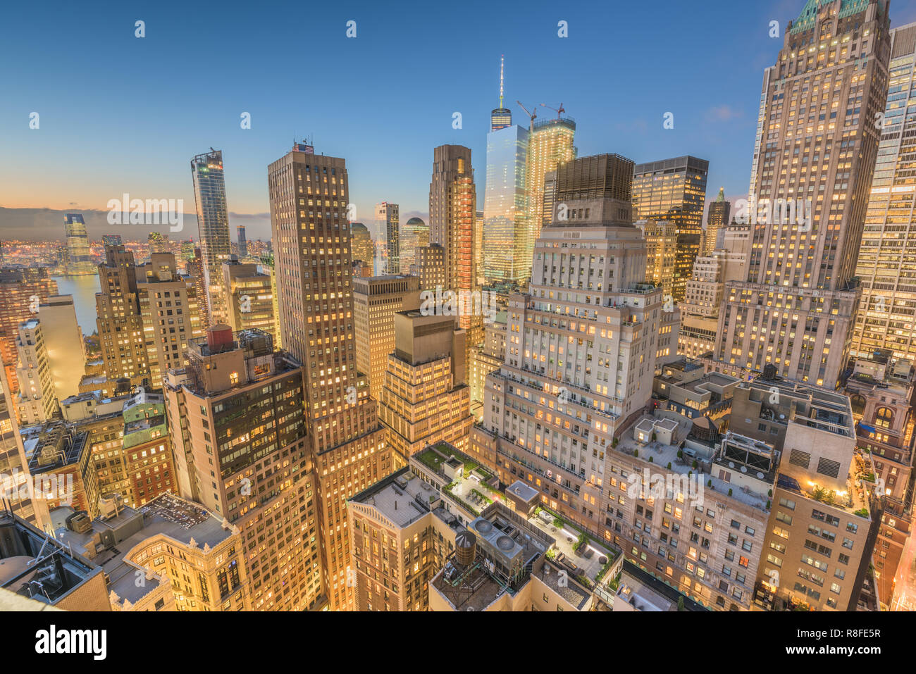 New York City financial district cityscape at twilight from above. Stock Photo