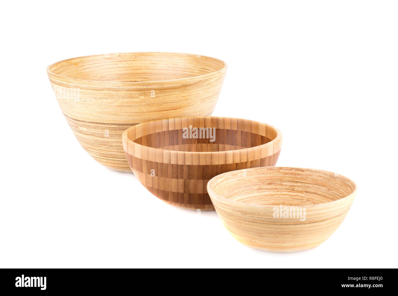 Empty bamboo bowls isolated on white background. Stock Photo