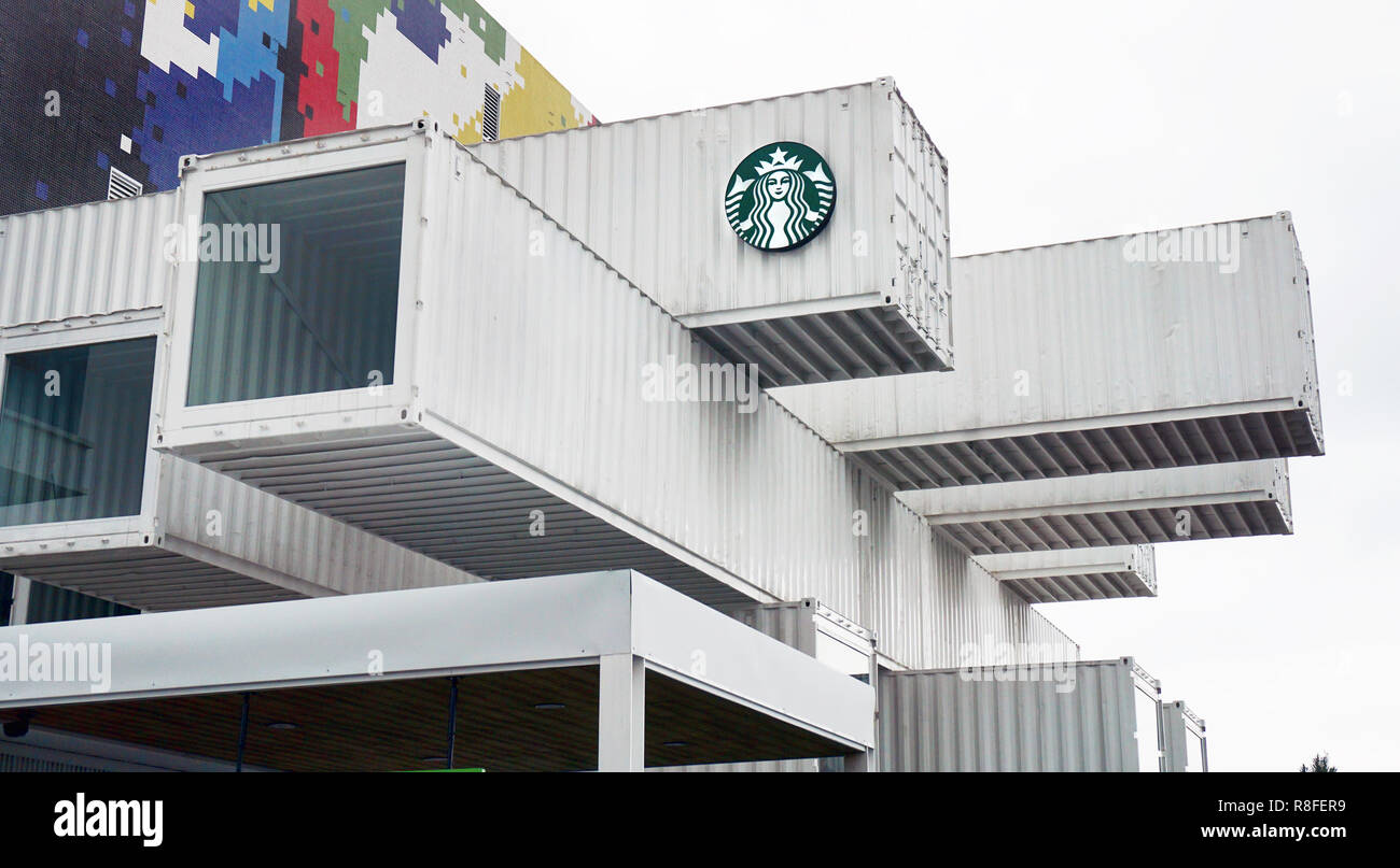 Hualin City, Taiwan - Dec.7, 2018 - First Starbuck recycled container store in Taiwan opened in Swept 2018. Designed by Japanese architet Kengo Kuma o Stock Photo