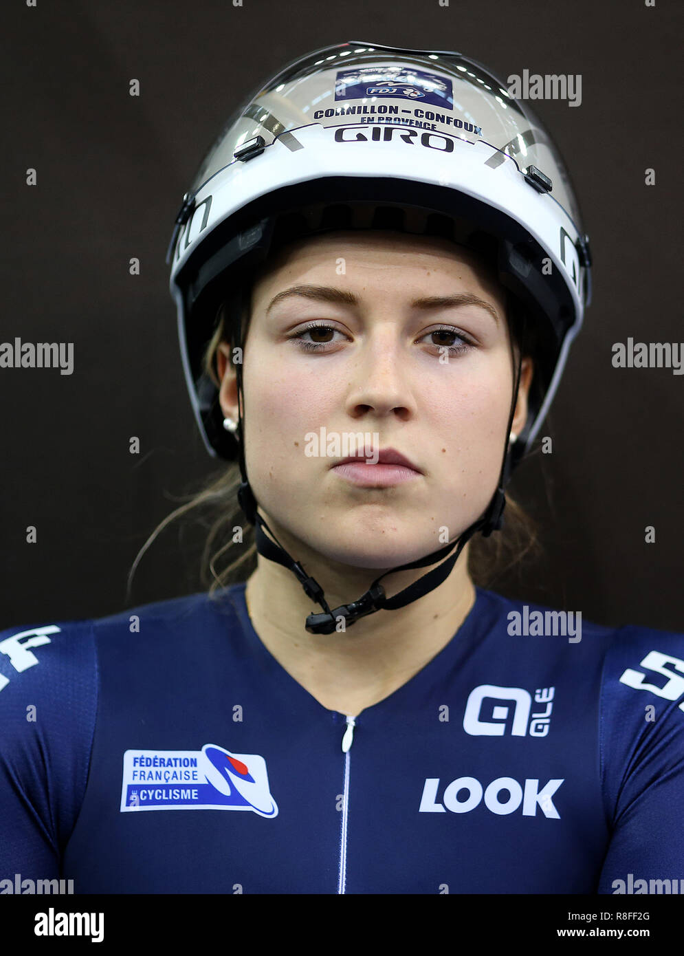 Mathilde Gros of France before the Women's Sprint 1/8 finals during day two of the Tissot UCI Track Cycling World Cup at Lee Valley VeloPark, London. Stock Photo
