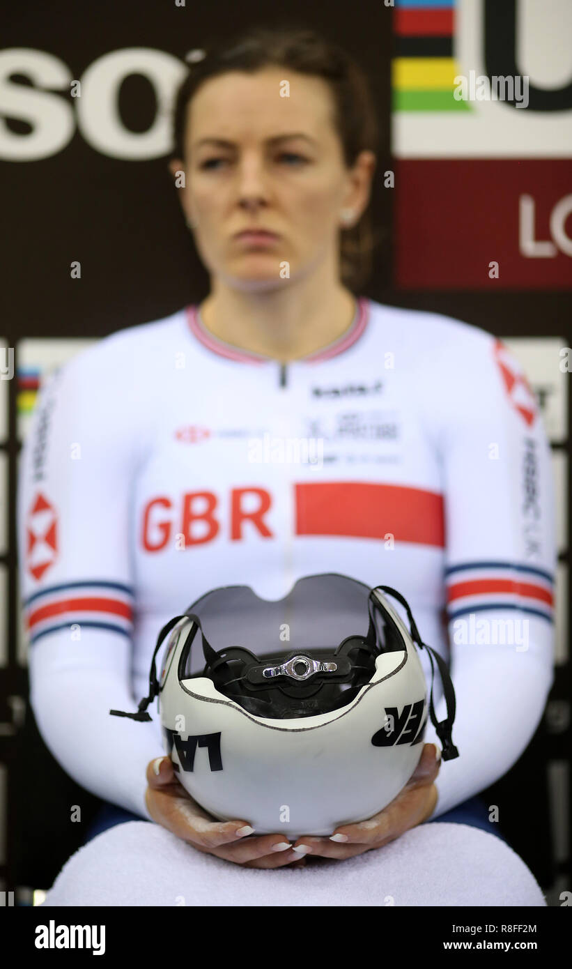 Katy Marchant of Great Britain during the Women's Sprint 1/8 finals during day two of the Tissot UCI Track Cycling World Cup at Lee Valley VeloPark, London. Stock Photo