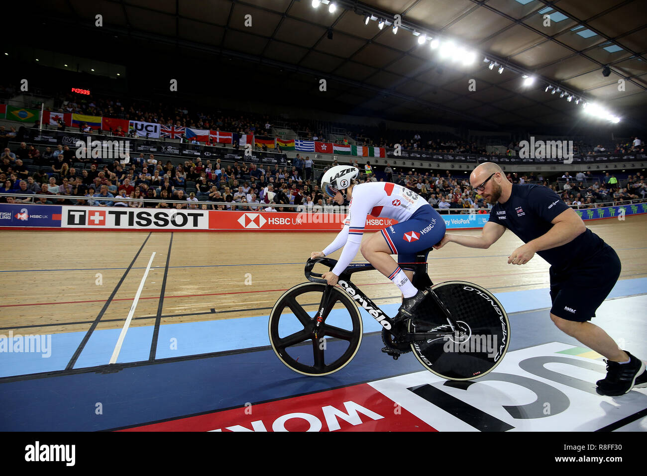 Katy Marchant of Great Britain during the Women's Sprint quarterfinals race 2 during day two of the Tissot UCI Track Cycling World Cup at Lee Valley VeloPark, London. Stock Photo