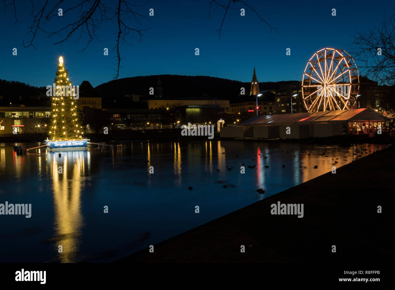 Christmas Market by Lille Lungegaardsvannet Lake in downtown Bergen, Norway Stock Photo