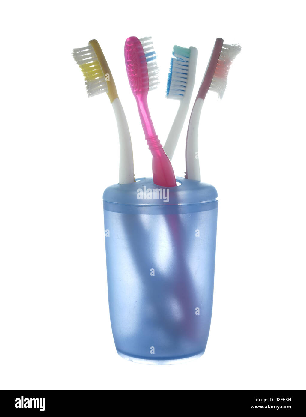 Variety of toothbrushes in a plastic glass isolated on white background. Stock Photo