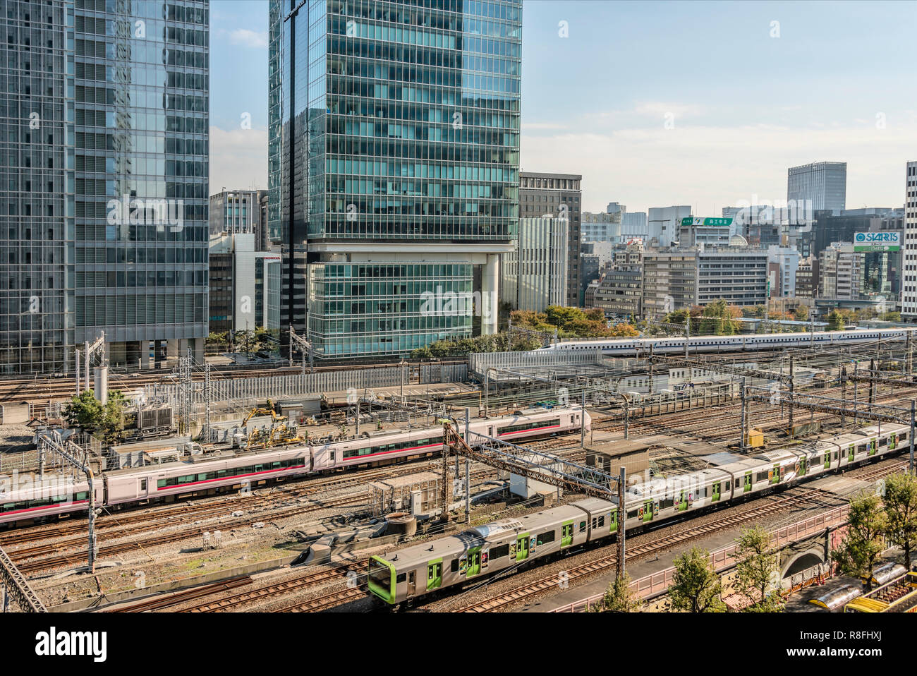 View over Tokyo Central Station and the Marunouchi skyline, Tokyo, Japan Stock Photo