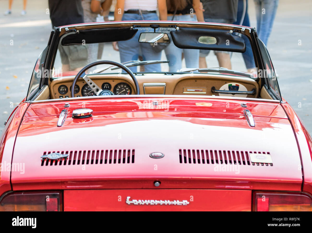 Ancona , Italy - September 23th, 2018 : Fiat 850 Spider convertible rear view dashboard at a vintage cars exhibition in Ancona, Italy. Stock Photo