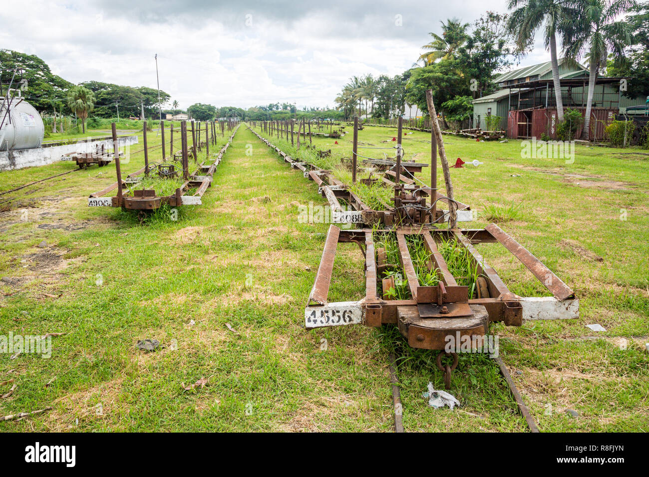 Lautoka, Fiji - Jan 4 2015: Abandoned freight cargo narrow gauge railway station for transporting sugar cane. At Lautoka sugar mill, largest sugar mil Stock Photo