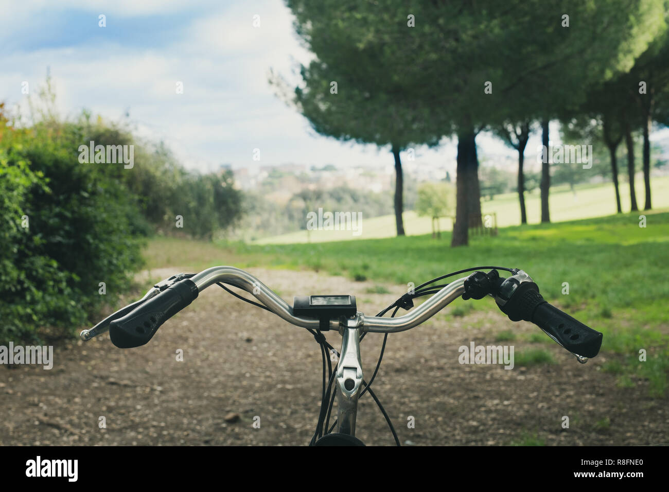 Point of view of riding bicycle in green park, close up on handlebars and defocused park in background Stock Photo
