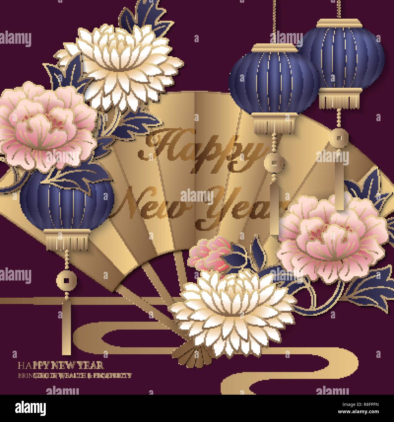 Happy Chinese new year retro gold relief pink peony flower lantern and ...