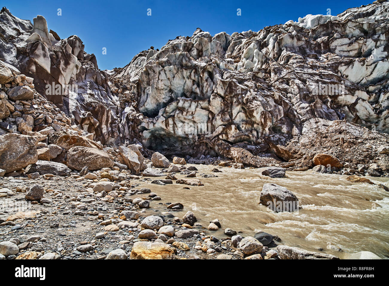Gaumukh glacier, source of the Ganges river. Uttarakhand, Gangotri, India. Stock Photo