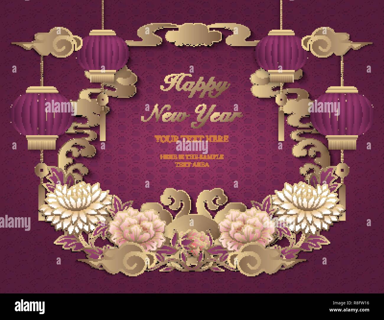 Happy Chinese new year retro gold purple pink relief peony flower ...
