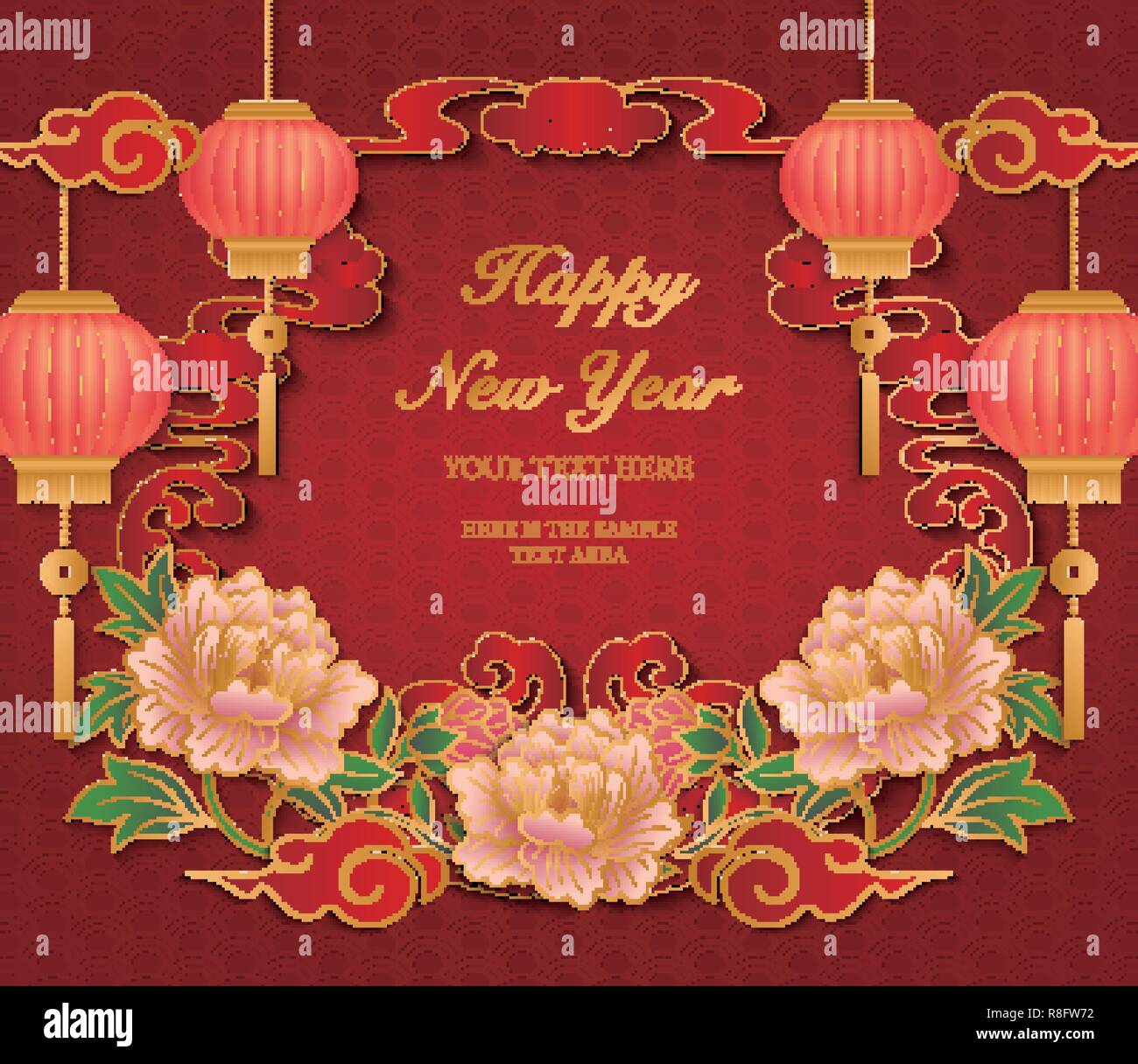 Happy Chinese new year retro gold red relief peony flower lantern and ...