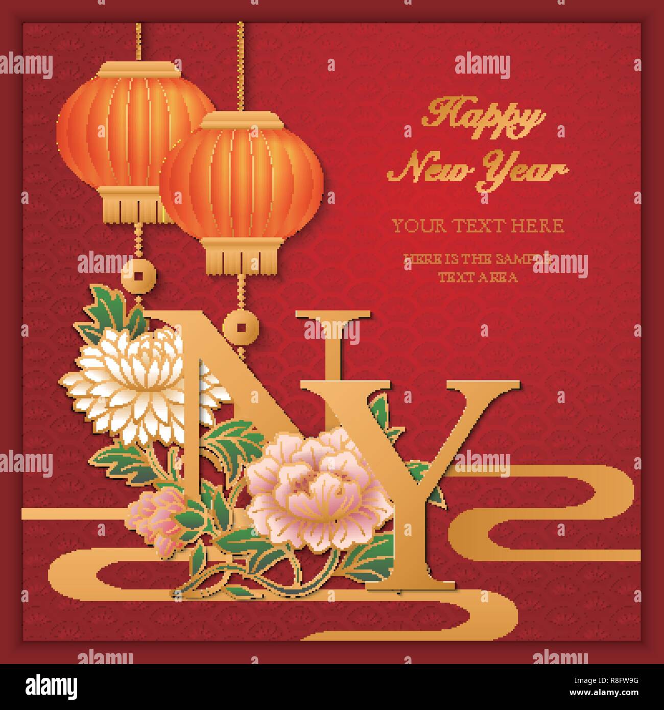 Happy Chinese new year retro red golden relief peony flower lantern ...