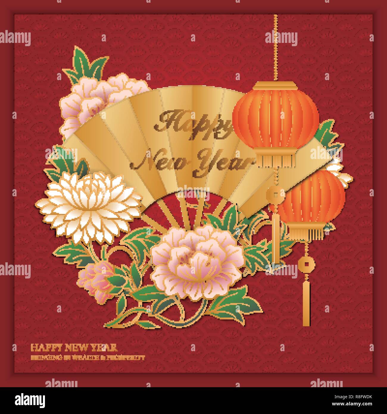 Happy Chinese new year retro red golden relief peony flower lantern and ...