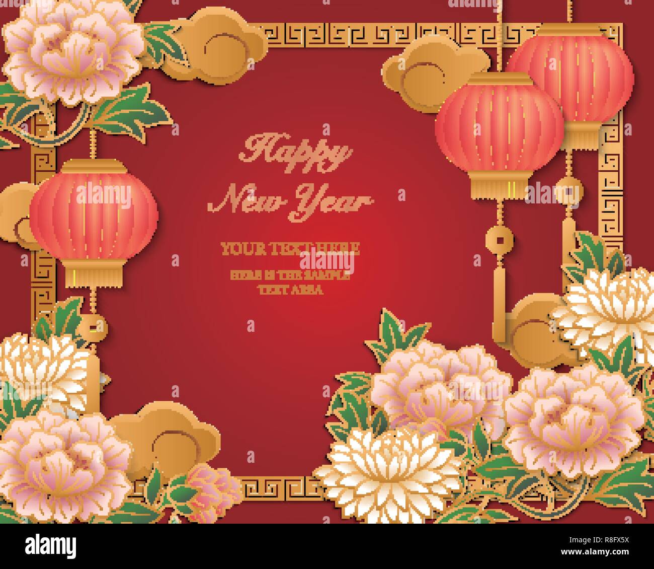 Happy Chinese new year retro gold red pink relief peony flower lantern ...