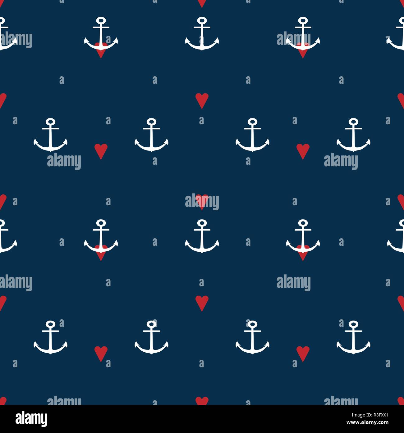 Red hearts and anchors on navy blue background vector seamless pattern. Stock Vector